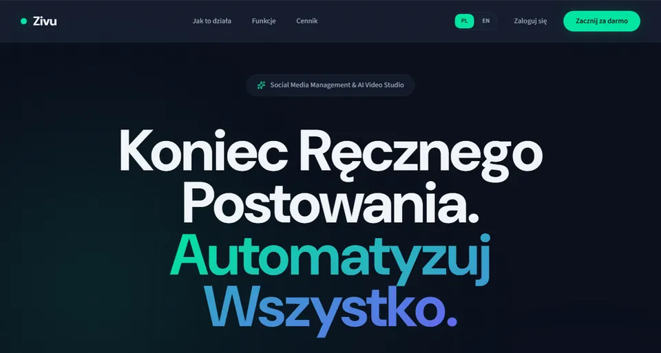 Strona główna zivu.io z nagłówkiem o końcu ręcznego postowania